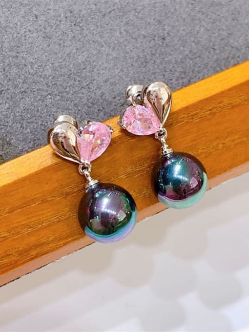 H00402 black bead Brass Imitation Pearl Heart Vintage Stud Earring