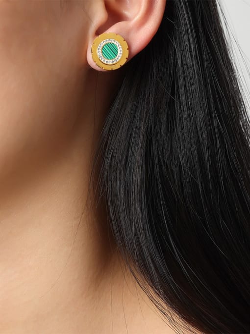 F1347 Green Round Hole Earrings Titanium Steel Cubic Zirconia Round Trend Stud Earring