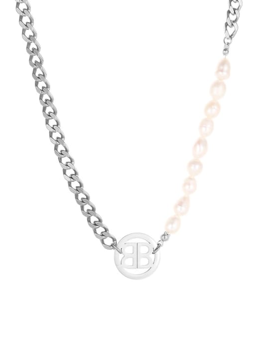 SN21111115S Titanium Steel Freshwater Pearl Geometric Vintage Necklace