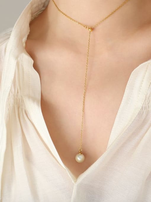 P352 gold necklace (45 +5cm) Titanium Steel Freshwater Pearl Geometric Dainty Lariat Necklace