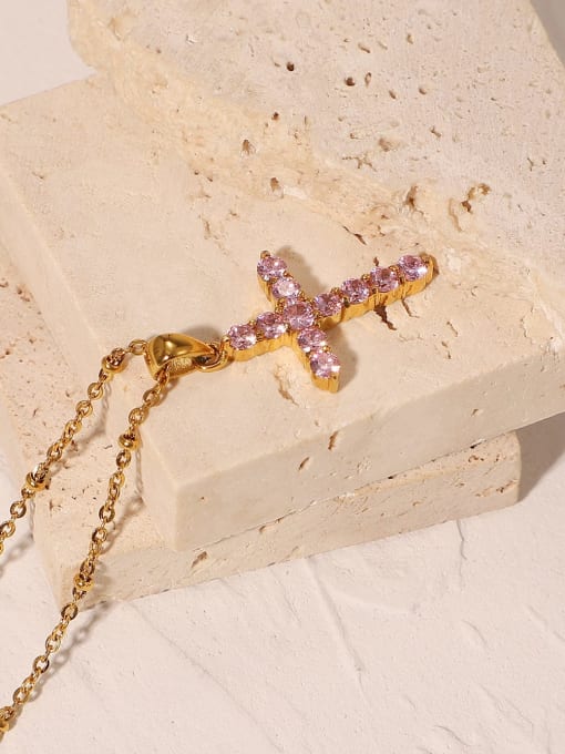 J&D Stainless steel Cubic Zirconia Pink Cross Trend Necklace 3