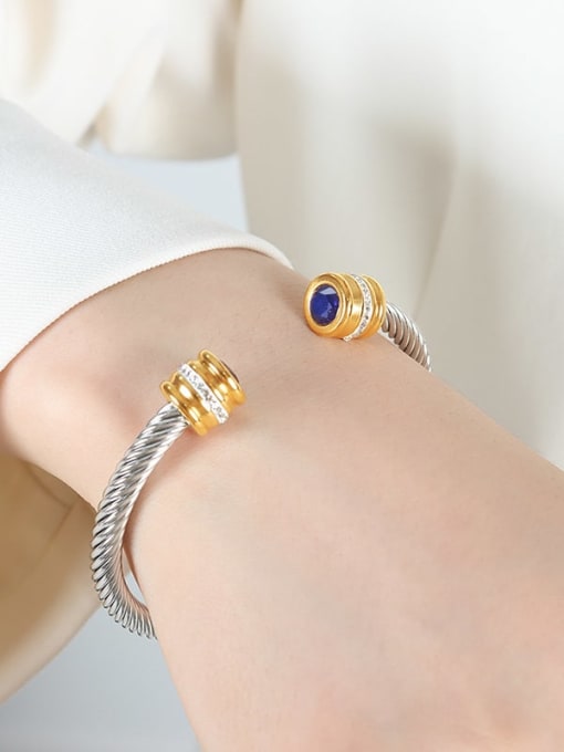 Z059 September Deep Blue Zircon Bracelet Titanium Steel Cubic Zirconia Geometric Trend Cuff Bangle