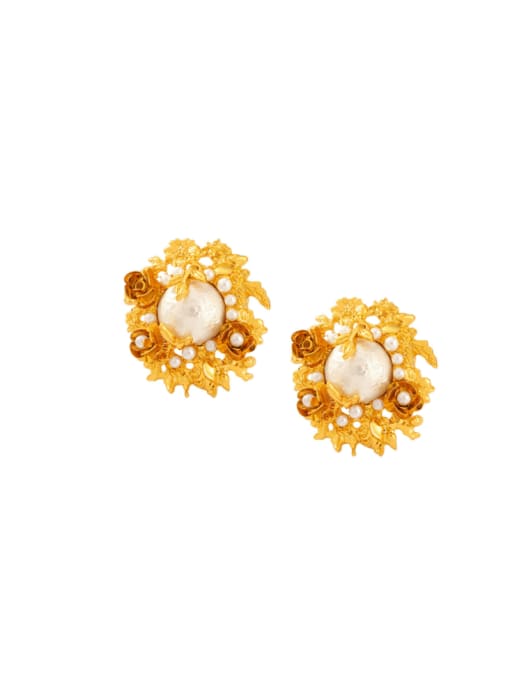 F1501 Gold Earrings Brass Imitation Pearl Flower Hip Hop Stud Earring