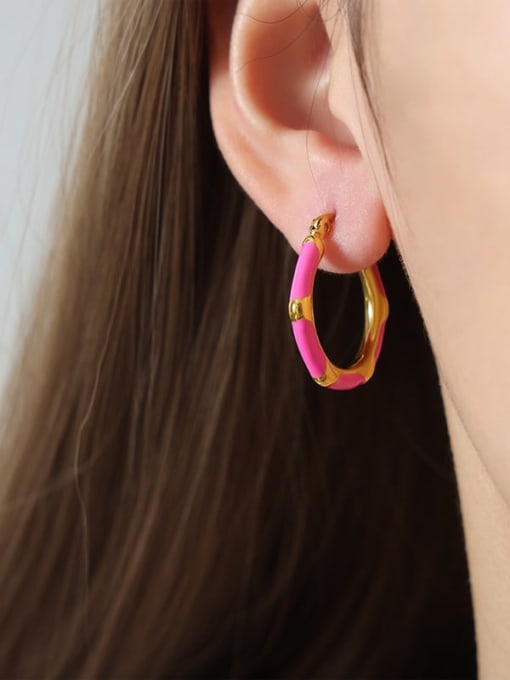 F1185 Pink Glazed Gold Earrings Titanium Steel Enamel Geometric Trend Hoop Earring