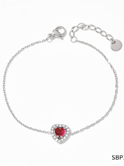 SBP147 Steel Bracelet Red Stainless steel Glass Stone Heart Minimalist Link Bracelet