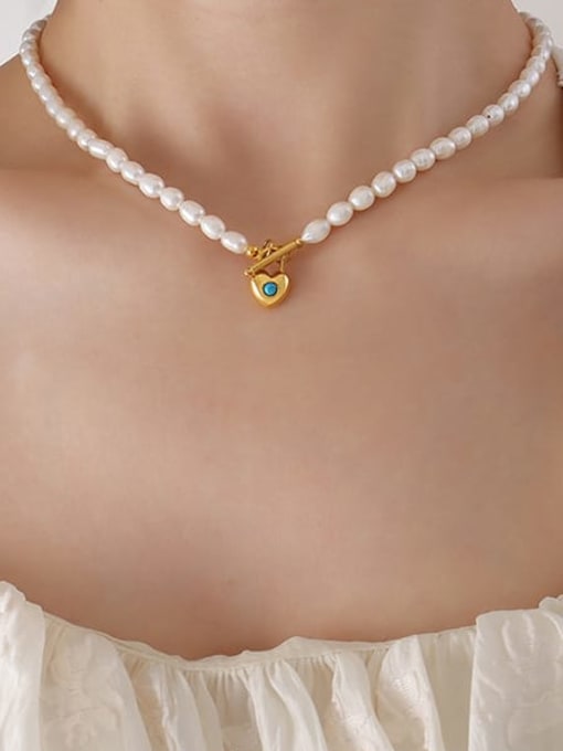P457 gold necklace 40cm Titanium Steel Freshwater Pearl Heart Vintage Necklace