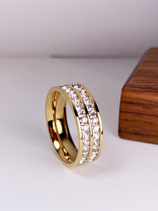 Y67 double row diamond inlaid gold Titanium Steel Cubic Zirconia Geometric Trend Band Ring