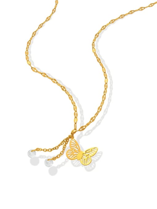 MAKA Titanium Steel Rhinestone Butterfly Minimalist Tassel Necklace 0