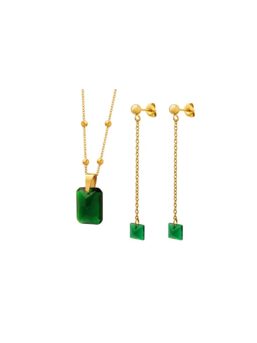 MAKA Vintage Geometric Titanium Steel Crystal Green Earring and Necklace Set 0