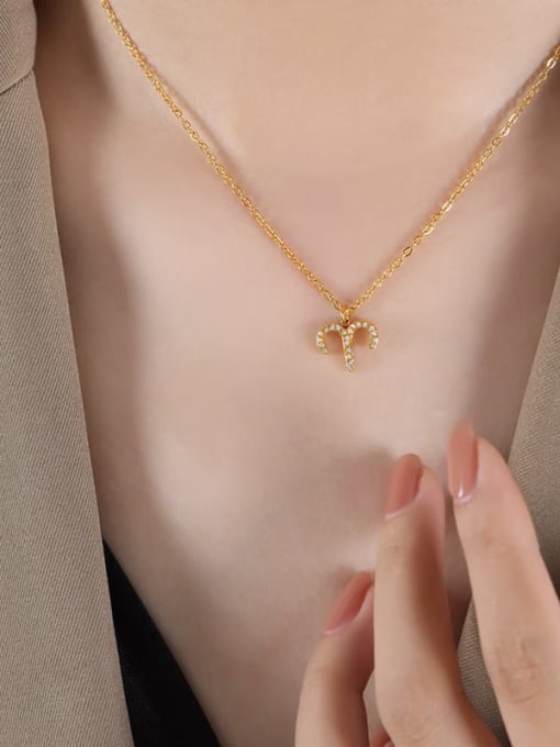 P1527 aries Gold Necklace 40+ 5cm Titanium Steel Cubic Zirconia Constellation Cute Necklace