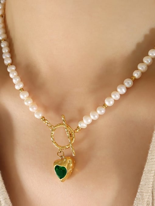P1329  gold +green 40cm Titanium Steel Freshwater Pearl Heart Minimalist Necklace
