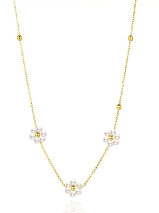 SN22082703 Titanium Steel Imitation Pearl Flower Minimalist Necklace