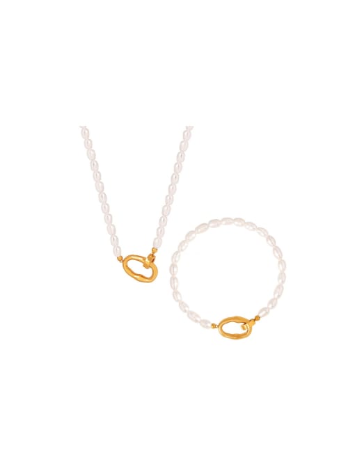 MAKA Dainty Geometric Titanium Steel Freshwater Pearl Bracelet and Necklace Set 0