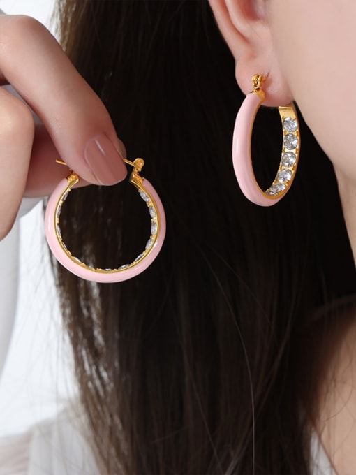 F980 Weight Pink Glazed Gold Earrings Titanium Steel Cubic Zirconia Enamel Geometric Trend Hoop Earring