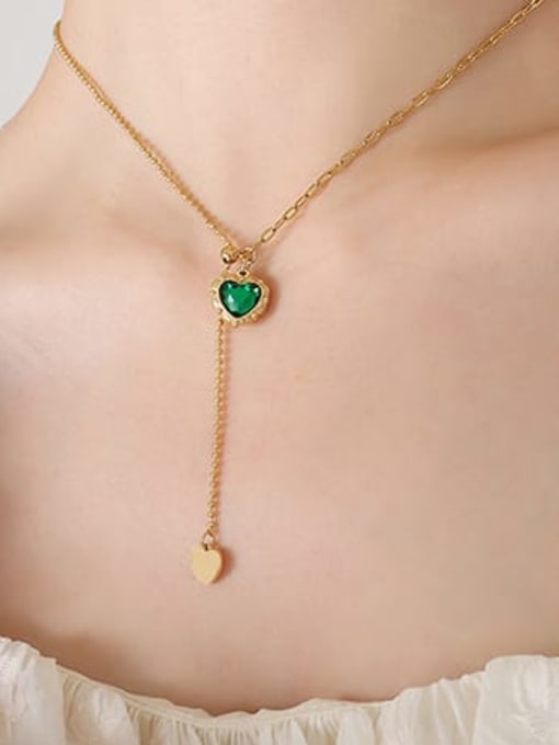 P433 Gold Emerald Heart Necklace 38+ 5cm Titanium Steel Glass Stone Geometric Vintage Necklace