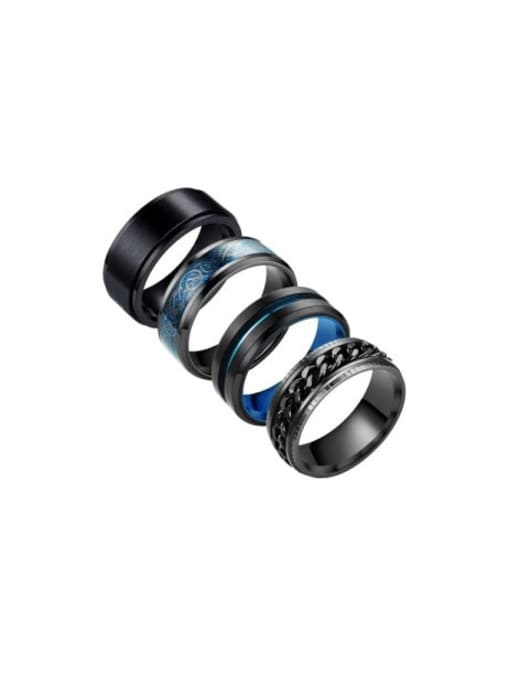 Black and Blue Four Set Stainless Steel Geometric Hip Hop Stackable Men's Ring Set