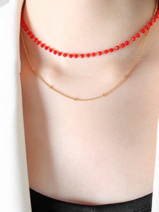 P1427 Red Glass Necklace 34 39 +5cm Titanium Steel Glass beads Red Geometric Vintage Multi Strand Necklace