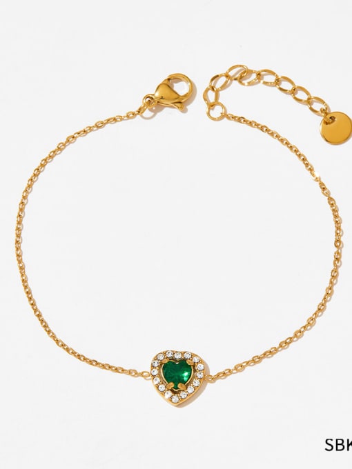 SBK146 Gold Bracelet Green Stainless steel Glass Stone Heart Minimalist Link Bracelet