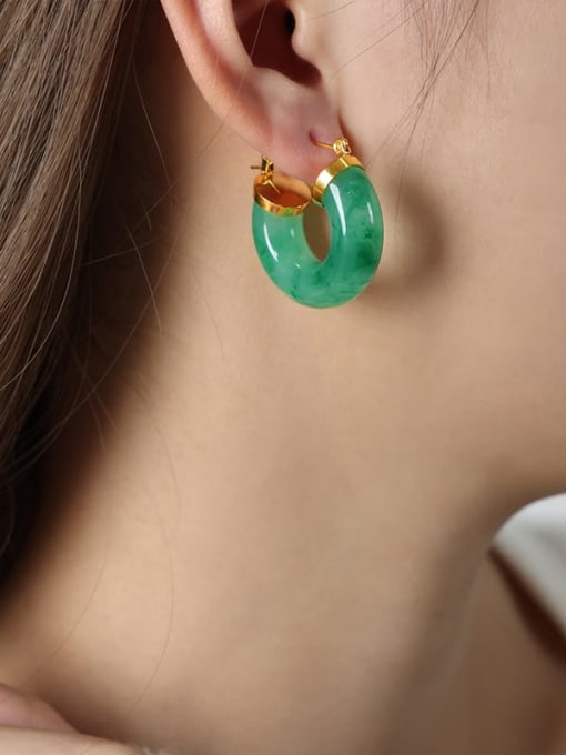 F1151 Jade Green Resin Earrings Titanium Steel Resin Geometric Trend Stud Earring