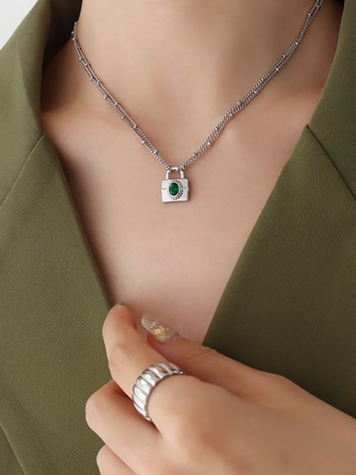 P300 steel green zircon necklace 40+5cm Titanium Steel Glass Stone Vintage Geometric  Earring and Necklace Set
