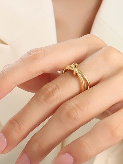 A050 Gold Ring No.7 Titanium Steel Minimalist Double Layer Line Knot Ring and Bangle Set