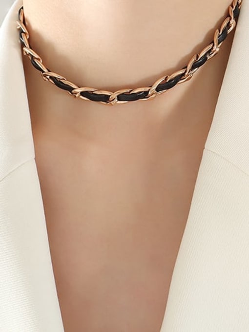 P884 Rose Gold Necklace 34 +5cm Titanium Steel Artificial Leather  Vintage Irregular  Chain Bracelet and Necklace Set