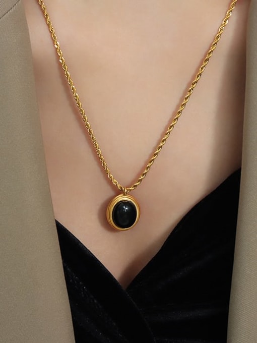P1388 Black glass gold necklace 50cm Titanium Steel Imitation Pearl Geometric Hip Hop Necklace