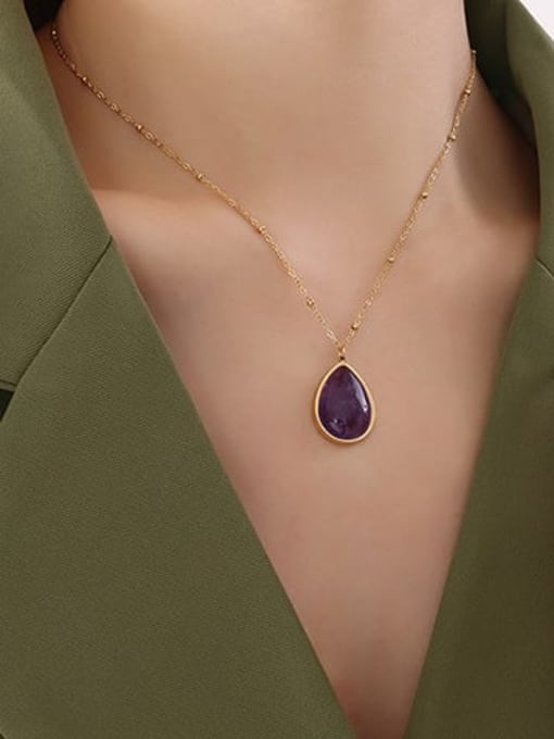 P309 Gold Purple natural stone  40 +5cm Titanium Steel Natural Stone Water Drop Vintage Necklace