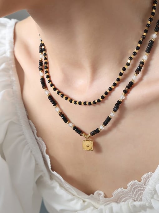 MAKA Titanium Steel Natural Stone Geometric Vintage Beaded Necklace 1