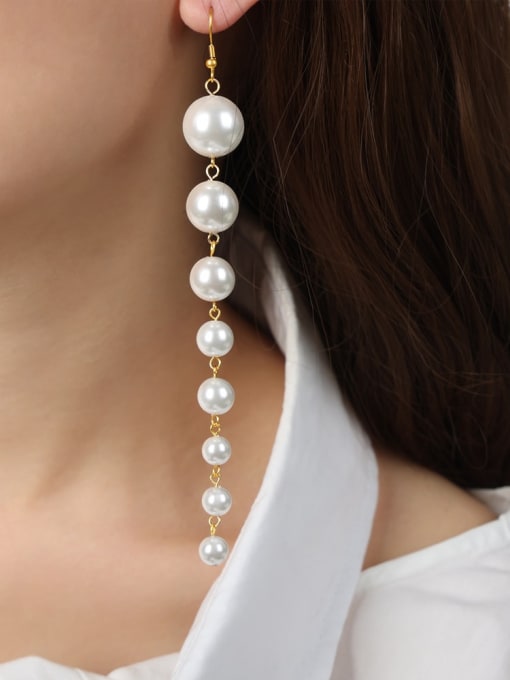F1313 long imitation pearl earrings Brass Imitation Pearl Geometric Minimalist Hook Earring
