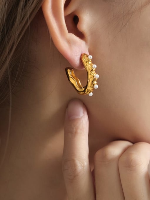 F1227 Gold Earrings Titanium Steel Imitation Pearl Geometric Trend Stud Earring