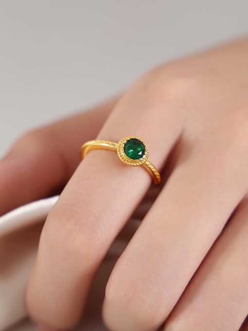 A526 Golden Green Glass Stone Ring Brass Cubic Zirconia Geometric Vintage Band Ring