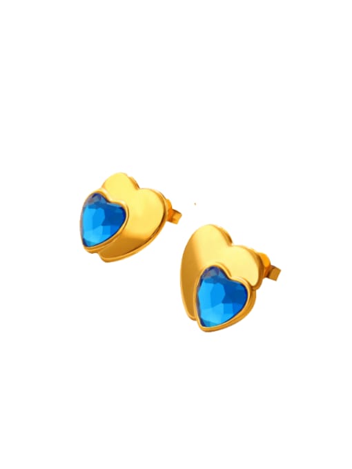 F648 Gold +Blue Titanium Steel Cubic Zirconia Heart Vintage Stud Earring