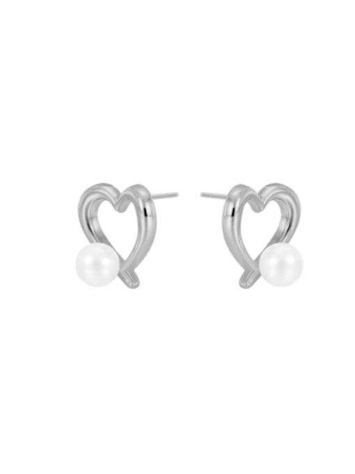 Clioro Brass Imitation Pearl Heart Minimalist Stud Earring 3