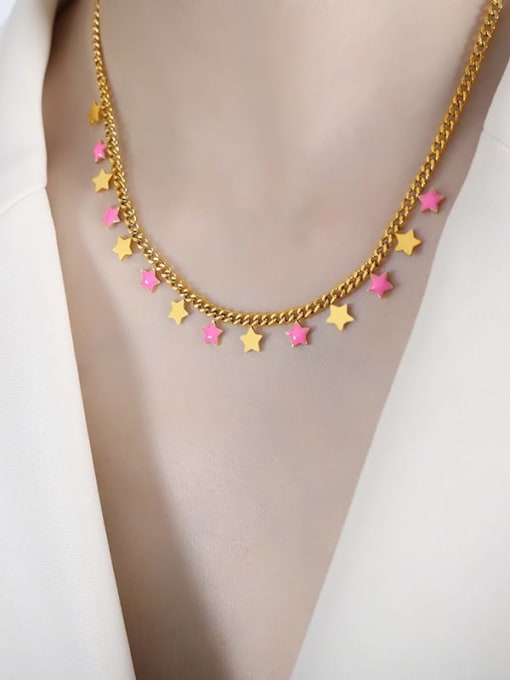 P1499 Pink Drop Oil Gold Necklace 40 5cm Titanium Steel Enamel Trend Pentagram Bracelet and Necklace Set