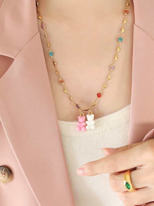 P1285 Pink and white bear heart (long) Titanium Steel Resin Multi Color Enamel Bear Cute Necklace