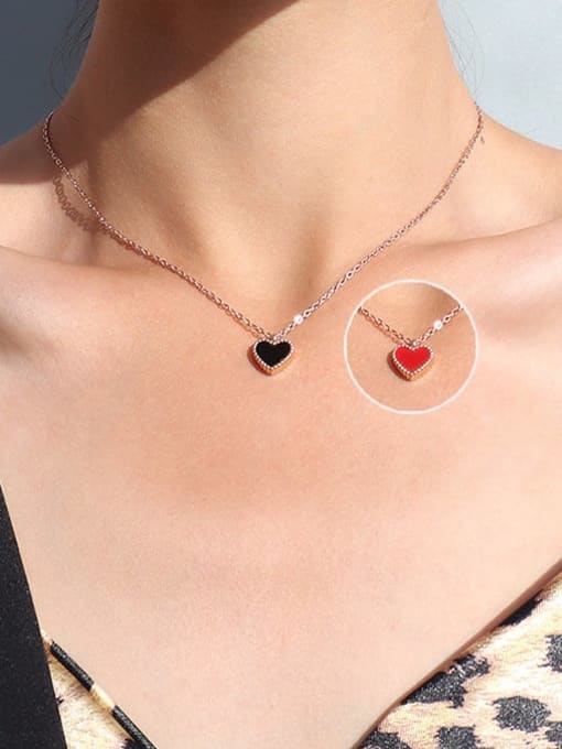 Rose Gold Shell : black +red Titanium 316L Stainless Steel Enamel Heart Minimalist Necklace with e-coated waterproof