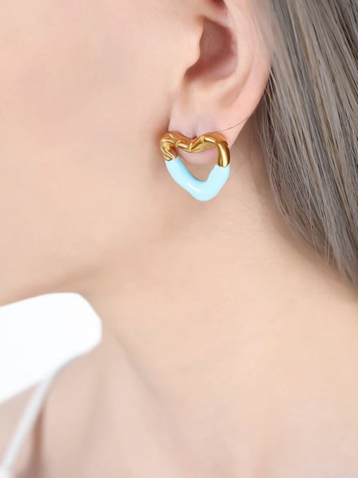 F844 Blue Drop Oil Gold Earrings Titanium Steel Enamel Heart Trend Stud Earring