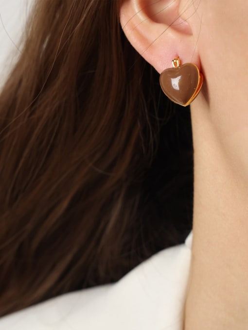 F1113 Peach Heart Brown Glazed Earrings Titanium Steel Enamel Geometric Minimalist Huggie Earring