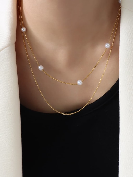 gold Titanium Steel Freshwater Pearl Round Minimalist Multi Strand Necklace