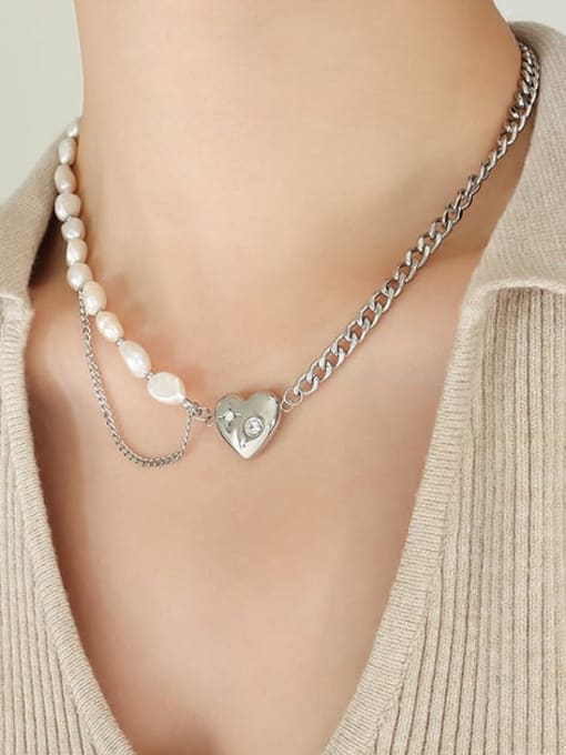 MAKA Titanium Steel Freshwater Pearl Vintage Heart Bracelet and Necklace Set 2