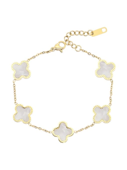 T141 White Beige Four Leaf + Gold Titanium Steel Enamel Clover Minimalist Link Bracelet