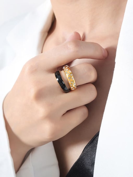 A540 Black Glazed Gold Ring US 6 Titanium Steel Rhinestone Geometric Minimalist Band Ring