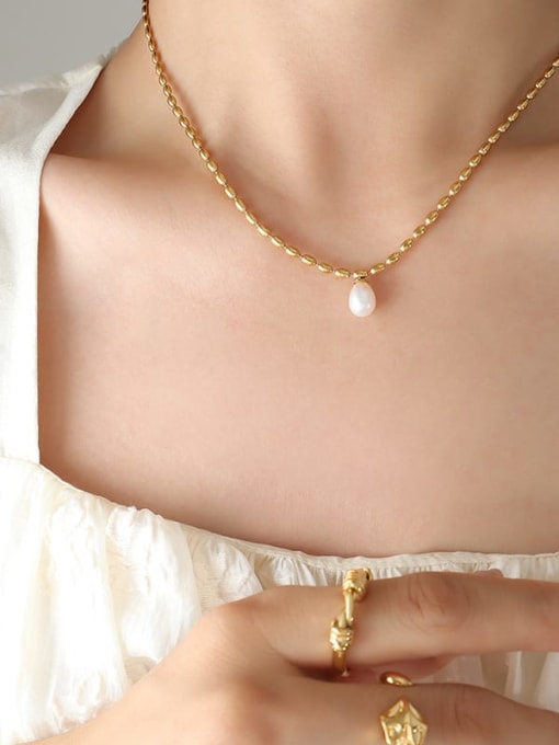 P228 gold necklace 40 +5cm Titanium Steel Freshwater Pearl Water Drop Vintage Necklace