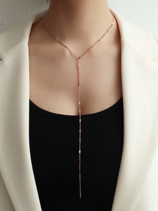 Long rose gold Titanium 316L Stainless Steel Tassel Minimalist Lariat Necklace with e-coated waterproof