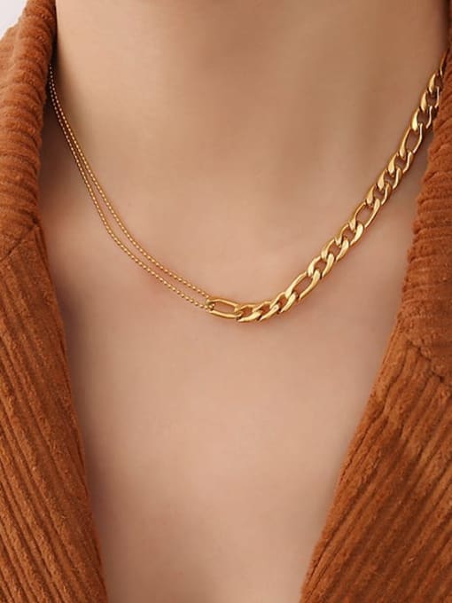 P153 gold double layer  Necklace Titanium Steel Vintage  Asymmetry Double chain Bracelet and Necklace Set
