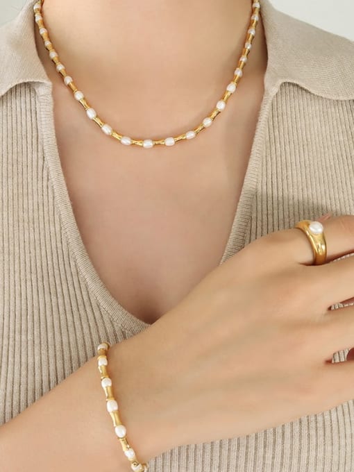 MAKA Titanium Steel Imitation Pearl Vintage Irregular Bracelet and Necklace Set 3