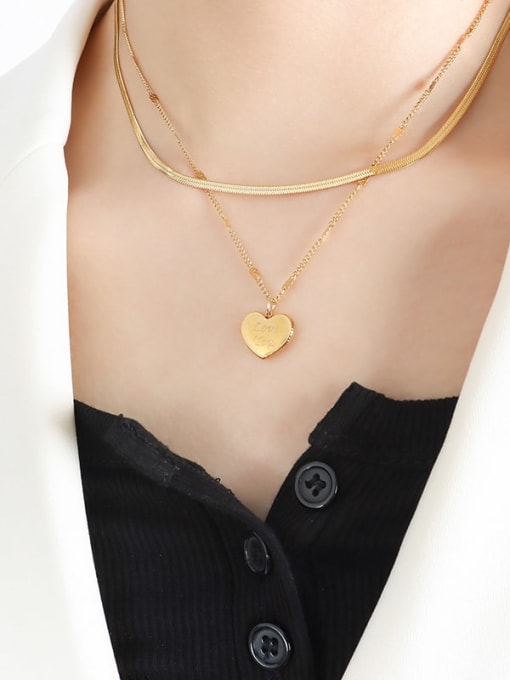 P1466 Gold Double Layer Necklace Titanium Steel Heart Trend Multi Strand Necklace