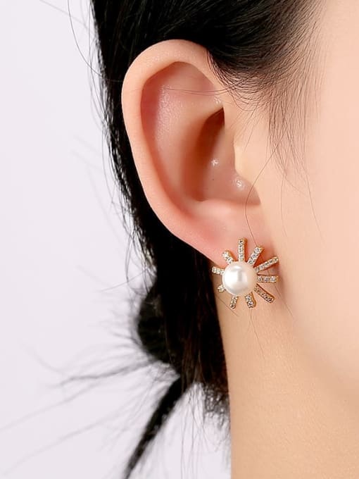 Clioro Brass Cubic Zirconia Flower Minimalist Stud Earring 2