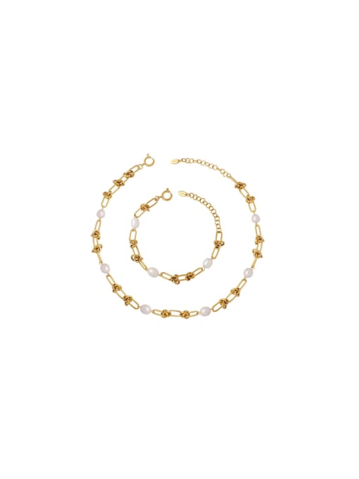 MAKA Trend Geometric Titanium Steel Freshwater Pearl Bracelet and Necklace Set 0